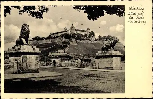 Ak Würzburg am Main Unterfranken, Blick auf die Feste Marienberg, Löwenstatue