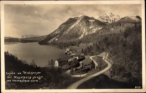 Foto Ak Urfeld am Walchensee Kochel am See, Panorama mit Kesselbergstraße und Herzogstand