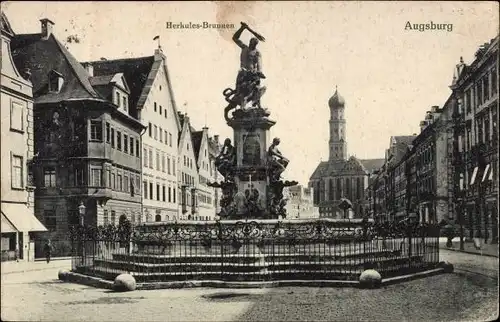 Ak Augsburg in Schwaben, Blick vom Herkules Brunnen auf die Kirche