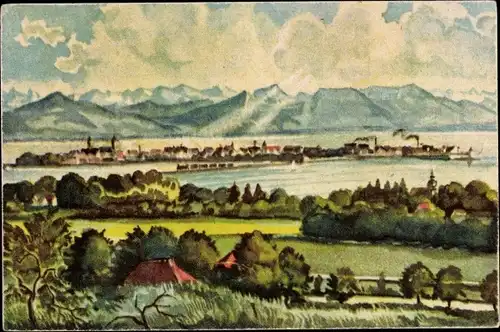 Künstler Ak Braun, Gebhard, Lindau in Bodensee Schwaben, Bodenseelandschaft vom Hoyerberg gesehen