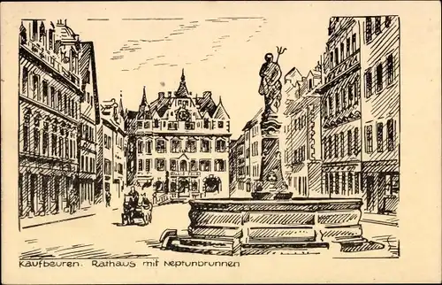 Künstler Ak Kaufbeuren, Rathaus mit Neptunbrunnen, Kutsche