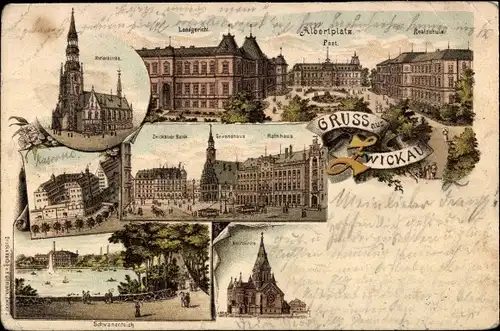 Litho Zwickau in Sachsen, Albertplatz, Post, Landgericht, Realschule, Kirche, Kaserne, Schwanenteich