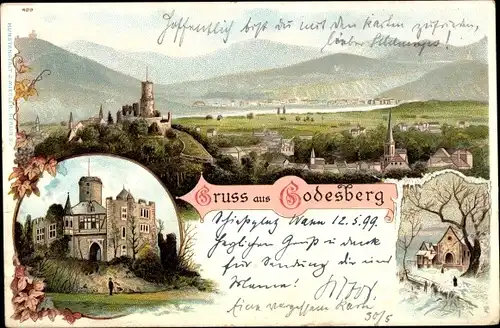 Litho Bad Godesberg Bonn am Rhein, Panorama mit Ruine, Godesburg, Winteransicht