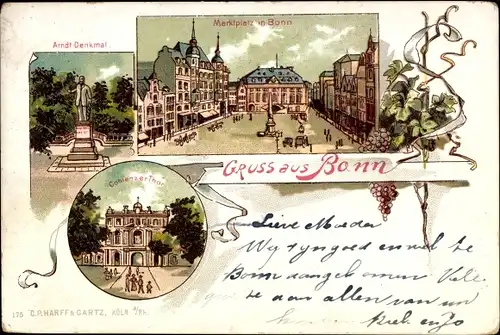 Litho Bonn am Rhein, Marktplatz, Arndt Denkmal, Koblenzer Tor