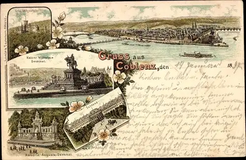 Litho Koblenz am Rhein, Deutsches Eck, Kaiser Wilhelm-Denkmal, Schloss, Kaiserin Augusta Denkmal