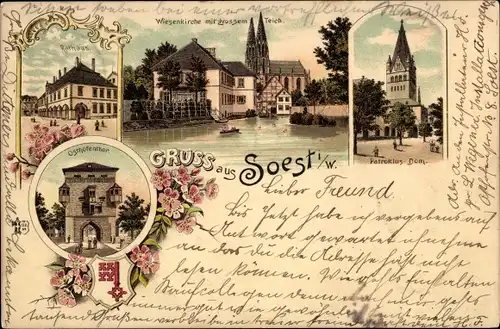 Wappen Litho Soest in Nordrhein Westfalen, Patroklus Dom, Wiesenkirche mit großem Teich, Rathaus