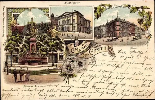 Litho Chemnitz in Sachsen, Saxoniabrunnen, Stadttheater, Börse