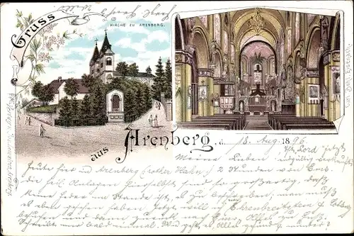 Litho Arenberg Koblenz am Rhein, Kirche, Außen- und Innenansicht