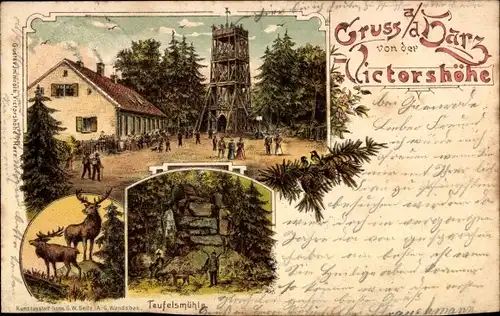 Litho Gernrode Quedlinburg im Harz, Victorshöhe, Gastwirtschaft und Aussichtsturm, Teufelsmühle