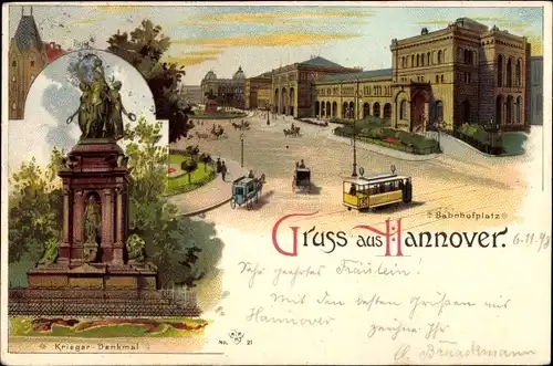 Litho Hannover in Niedersachsen, Bahnhofplatz, Kriegerdenkmal, Straßenbahn