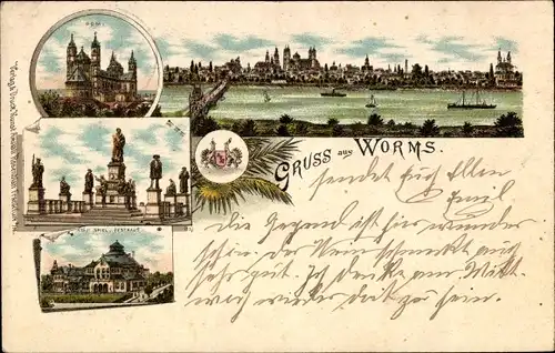 Litho Worms am Rhein, Totalansicht, Dom, Denkmal, Spiel- und Festhaus