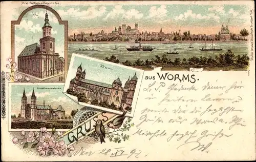 Litho Worms am Rhein, Totalansicht, Dom, Dreifaltigkeitskirche