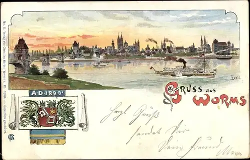 Künstler Litho Worms am Rhein, Panorama, Wappen, Dampfer