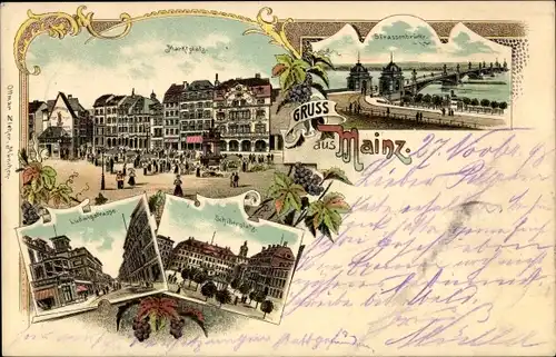 Litho Mainz in Rheinland Pfalz, Marktplatz, Ludwigstraße, Schillerplatz, Straßenbrücke