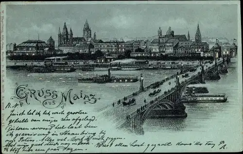 Halt gegen das Licht Mondschein Litho Mainz am Rhein, Teilansicht mit Brücke