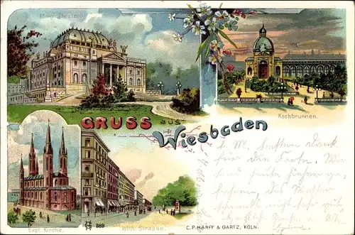 Litho Wiesbaden in Hessen, Theater, Kochbrunnen, evangelische Kirche, Wilhelmstraße