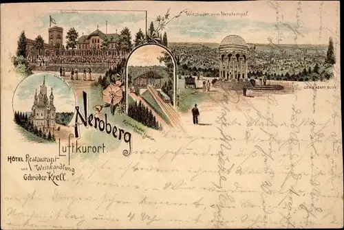 Vorläufer Litho Wiesbaden in Hessen, Griech Kapelle, Zahnradbahn, Restauration, Stadt vom Nerotempel
