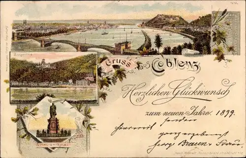 Litho Koblenz am Rhein, Brücke, Stolzenfels, Goeben Denkmal