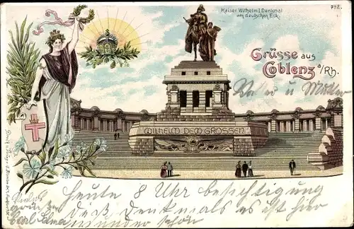 Litho Koblenz am Rhein, Kaiser Wilhelm Denkmal I. am deutschen Eck