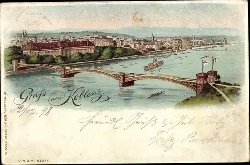 Litho Koblenz am Rhein, Teilansicht mit Brücke