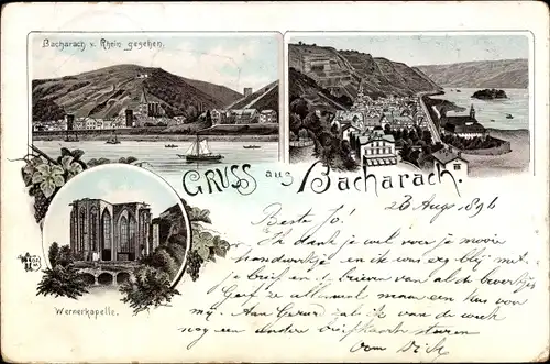 Litho Bacharach am Rhein, Teilansicht, Ruine Wernerkapelle