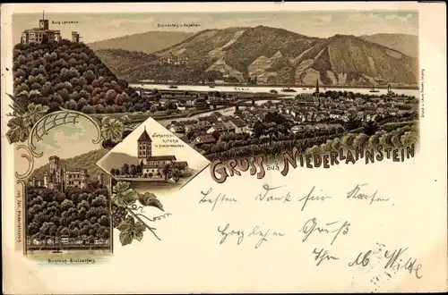 Litho Niederlahnstein Lahnstein am Rhein, Gesamtansicht, Burg, Schloss, Johanniskirche