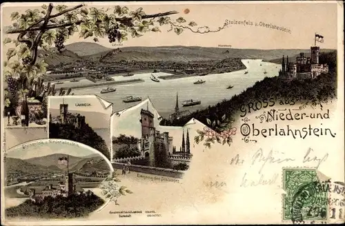 Litho Oberlahnstein Lahnstein im Rhein Lahn Kreis, Lahneck, Schloss, Burg Stolzenfels