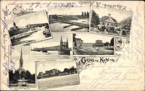 Passepartout Ak Kehl am Rhein in Baden Württemberg, Brücken, Schiffbrücke, Rathaus, Kirche, Bahnhof