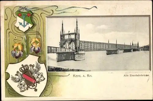 Präge Passepartout Wappen Ak Kehl am Rhein, Alte Eisenbahnbrücke