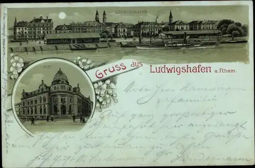 Mondschein Litho Ludwigshafen am Rhein, Rheinansicht, Post