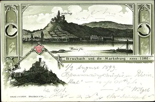 Litho Braubach am Rhein, Marksburg anno 1580