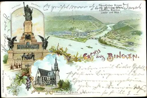 Litho Bingen am Rhein, Stadtpanorama, Flusspartie, Kapelle, Nationaldenkmal