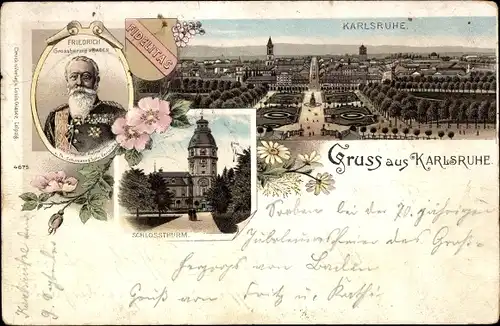 Litho Karlsruhe in Baden, Schlossturm, Gesamtansicht, Friedrich Großherzog v. Baden