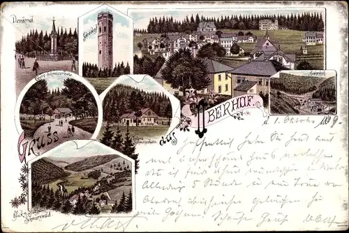 Litho Oberhof im Thüringer Wald, Schneekopf, Schweizerhütte, Stutzhaus Schwarzwald, Bahnhof, Denkmal