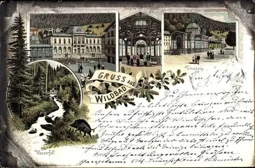 Litho Bad Wildbad im Kreis Calw Baden Württemberg, Kgl. Karlsbad, Trinkhalle, Wasserfall