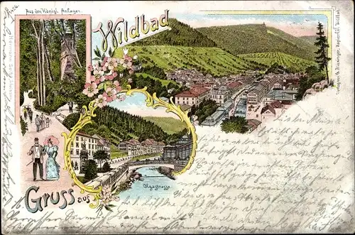 Litho Bad Wildbad im Schwarzwald, Gesamtansicht, Königl. Anlagen, Olgastraße