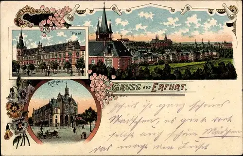 Litho Erfurt in Thüringen, Teilansicht, Post, Rathaus