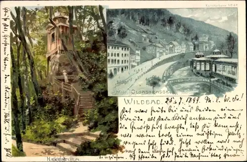 Künstler Litho Bad Wildbad im Schwarzwald, Olgastraße, Hexenturm