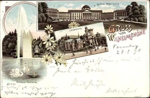 Litho Wilhelmshöhe Kassel in Hessen, Schloss, Löwenburg, Fontäne