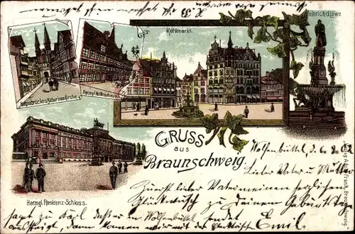 Litho Braunschweig in Niedersachsen, Kohlmarkt, Heinrich d. Löwe, Herzogl. Residenzschloss, Kirche