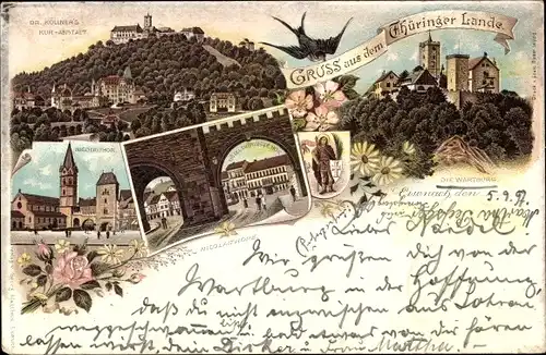 Vorläufer Litho Lutherstadt Eisenach in Thüringen, Wartburg, Nicolaitor, Dr. Köllners Kuranstalt