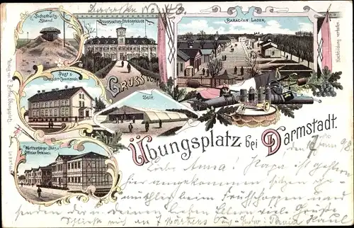 Litho Darmstadt in Hessen, Truppenübungsplatz, Barackenlager, Zelt, Post, Wachtcommando