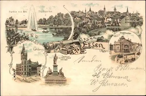 Litho Essen im Ruhrgebiet, Stadtgarten, Teich, Stadttheater, Rathaus, Denkmal Alfred Krupp