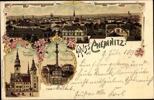 Litho Chemnitz Sachsen, Gesamtansicht der Stadt, Das alte Rathaus, Siegesdenkmal