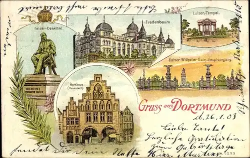 Litho Dortmund Ruhrgebiet, Kaiser Denkmal, Fredenbaum, Luisen Tempel, Rathaus