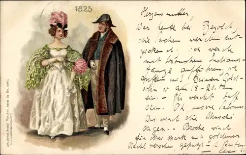 Litho Mode aus dem Jahr 1825, Frau in weißem Kleid, Mann in schwarzem Mantel, Hut