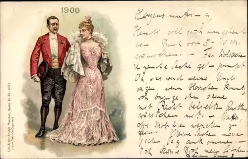 Litho Mode aus dem Jahr 1900, Frau in pinkem Kleid, Mann mit Hut, Rotes Sakko