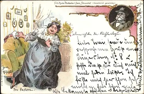 Künstler Litho Bahr, Fritz Reuter Postkarten, Serie Stromtid, Fru Pastern