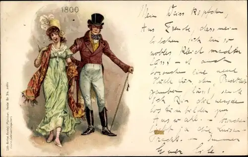 Litho Mode aus dem Jahre 1800, Frau in grünem Kleid, Mann mit Gehstock, Zylinder