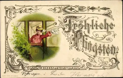 Litho Glückwunsch Pfingsten, Frau im Zug mit Taschentuch, Abschied